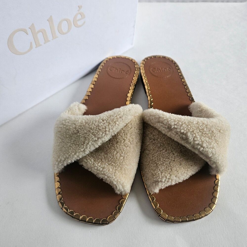 Chloé Shearling Slides Sandals Women's Beige 38 7.5